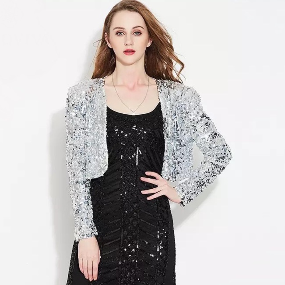 LONG SLEEVE SILVER SEQUINS SHORT BOLERO JACKET. Sizes S-M